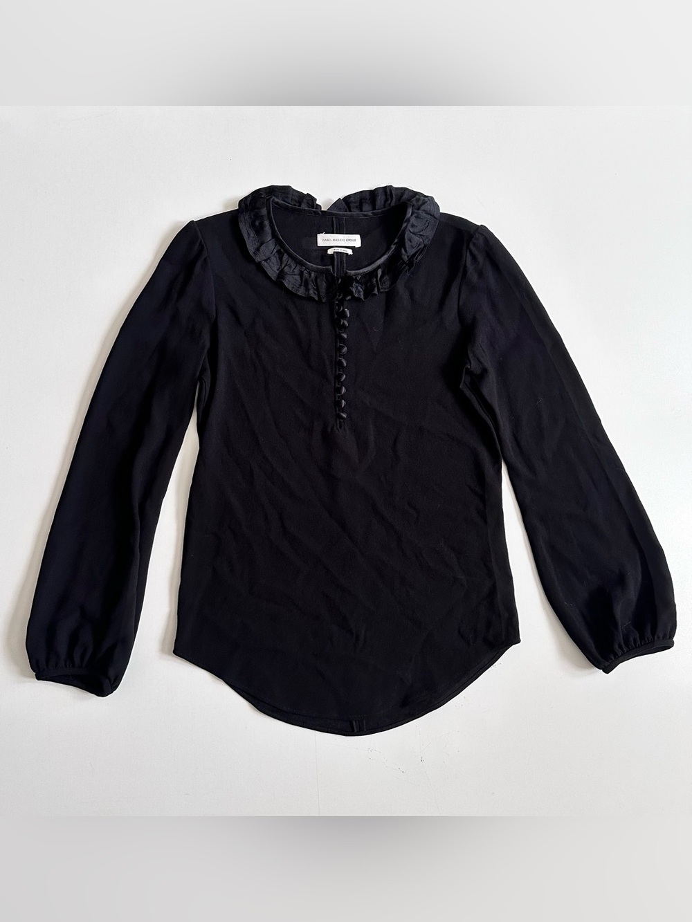 Isabel Marant Black Long Sleeve Top Silk Collar Size Small